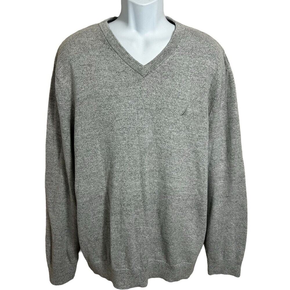 Men's Nautica Gray Pull-Over Sweater Sz XL Gray V-Neck Cotton Long-Sleeve - Picture 2 of 8